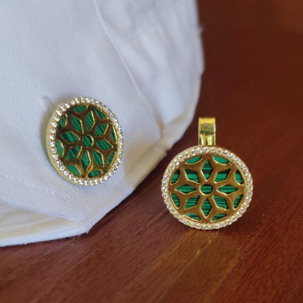 Floral Cufflinks | Gold Petal Men's Cufflinks | Pave Diamond | Malachite Gemstone